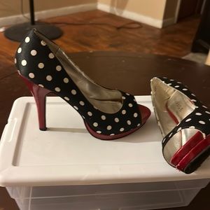 Size 7 Rampage, black white and red polka dot heels